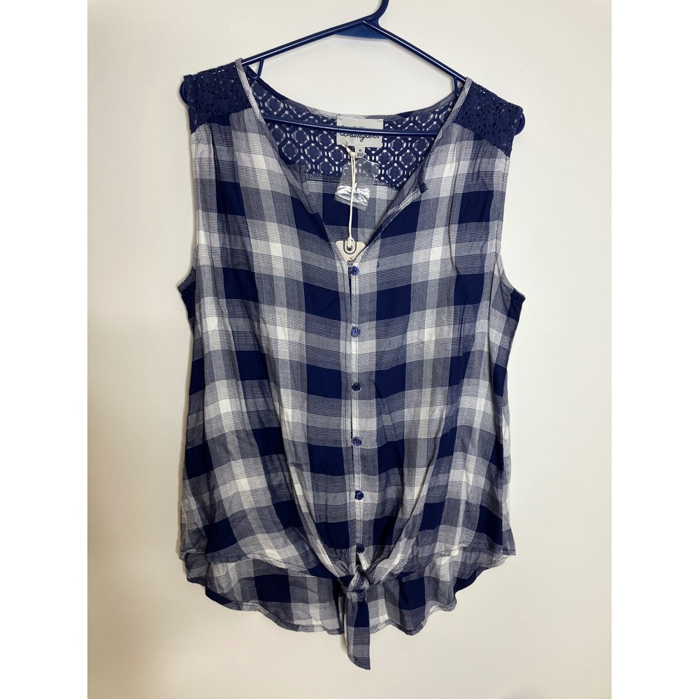 Wrangler Plaid Top Women Medium Blue NWT Crochet Lace Tie Front Sleeveless
